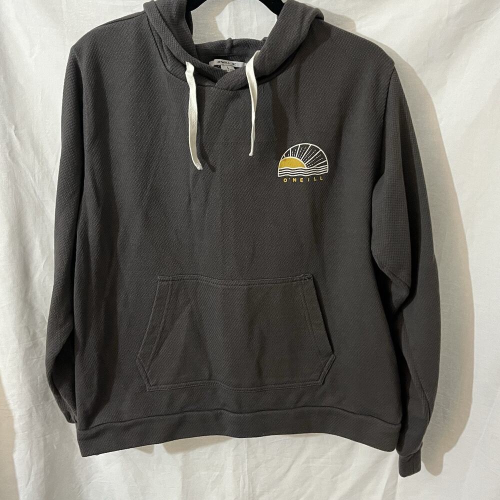 O'Neill Women’s Sz L Gray Pullover Drawstring Beach Hoodie Sweatshirt Sun Design
